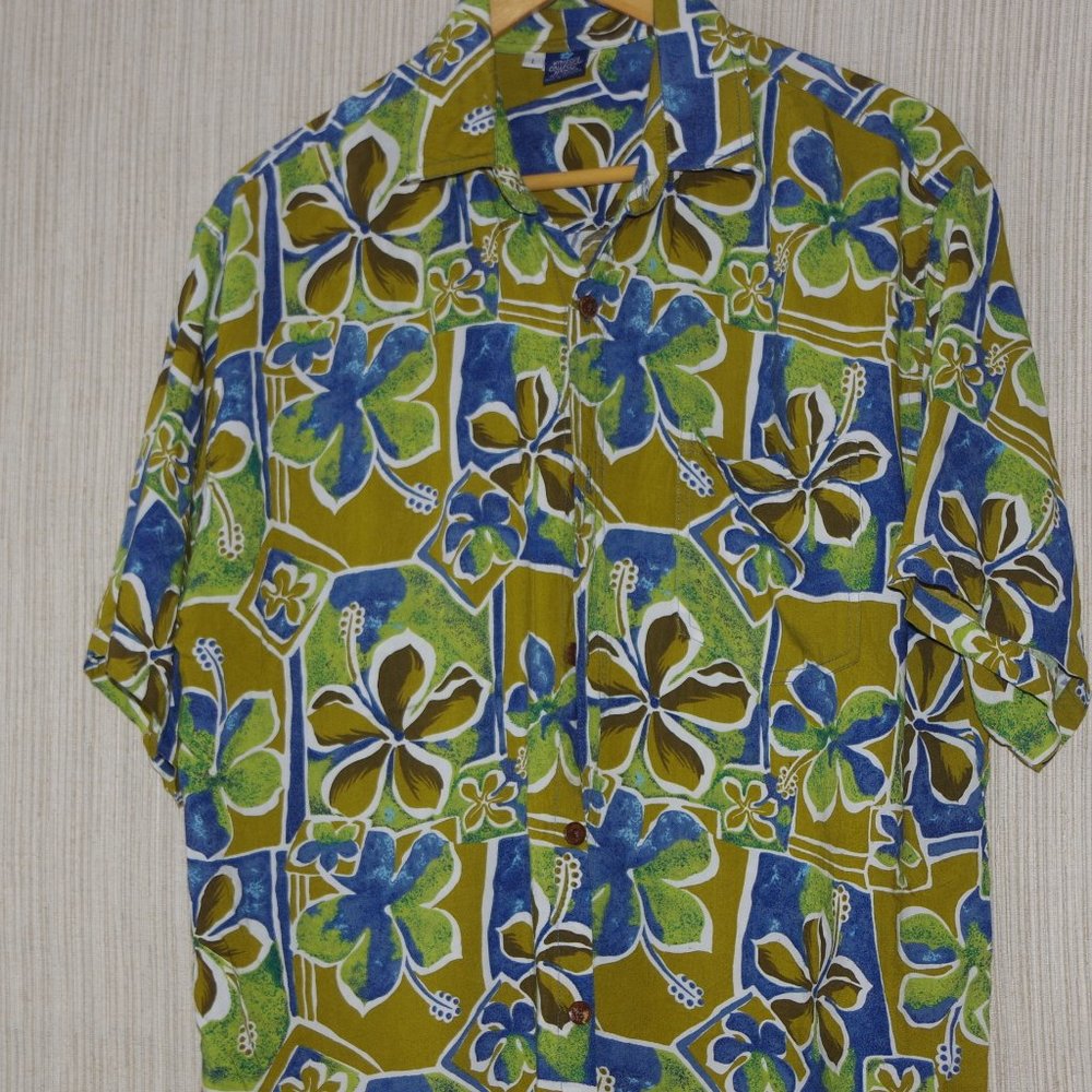 Hibiscus Collection Hawaii Rayon Green Print Short Sleeve Shirt Size:L